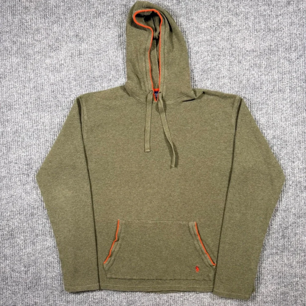 Polo Ralph Lauren Mens XL Olive Green Waffle Knit Thermal Hoodie Orange Trim